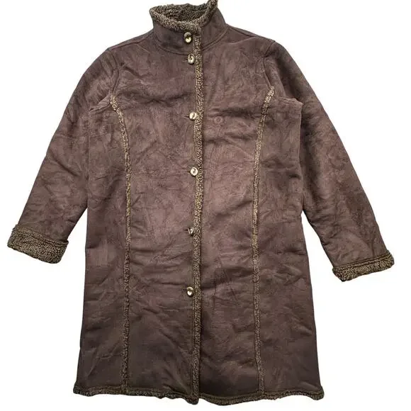 LL Bean BCT4 Faux Shearling Sherpa Long Coat Womens Large Brown Button - Picture 1 of 10